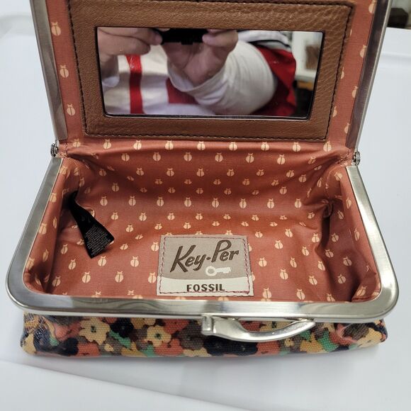 Fossil Key-per Poppy Floral Cosmetic Case Silver Kiss Lock Frame Mirror NWOT - Picture 5 of 9